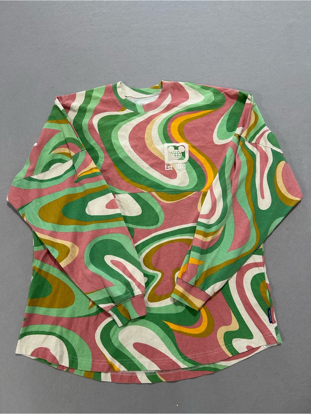 Walt Disney World WDW Spirit Jersey Adult Large Green Pink Swirl Long Sleeve